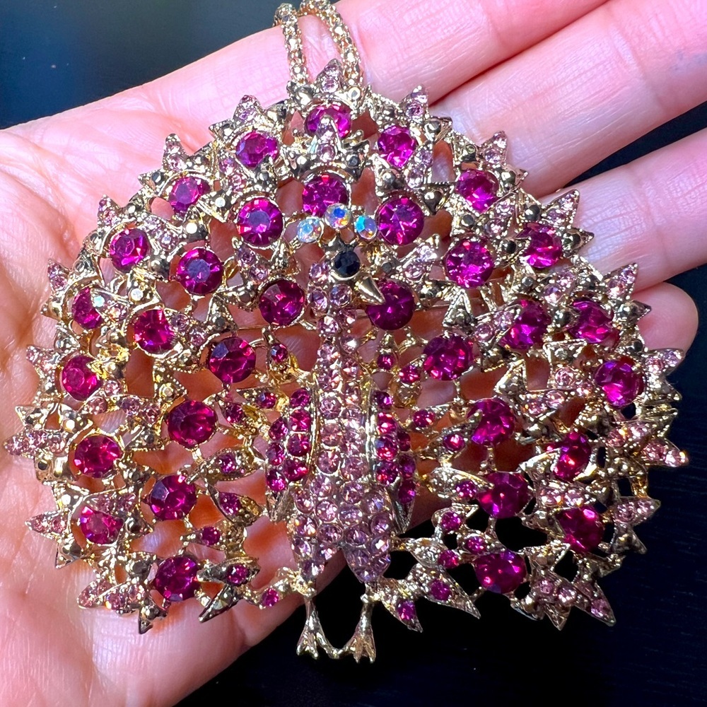🦚 NWT! Large Pink Peacock Necklace & Brooch